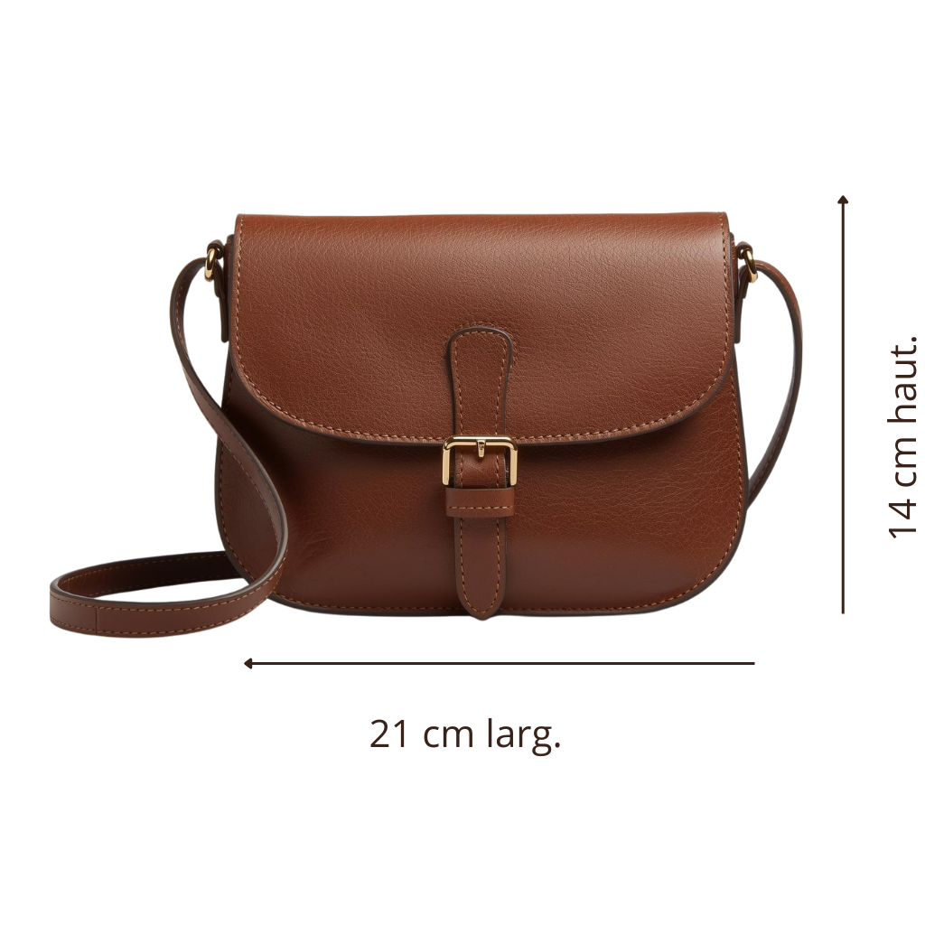 Sac à main marron avec une boucle argenté sur un fond transparent, avec une flèche horizontal indiquant "21 cm lar." et une autre verticale indiquant "14 cm haut."