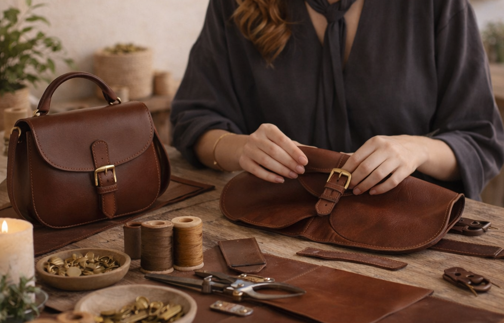 Une artisane travaille à l'assemblage d'un sac en cuir de raisin sur un établi en bois. Autour d'elle sont disposés des bobines de fil, des outils de coupe et des pièces de cuir. Un sac fini identique est posé sur la gauche.