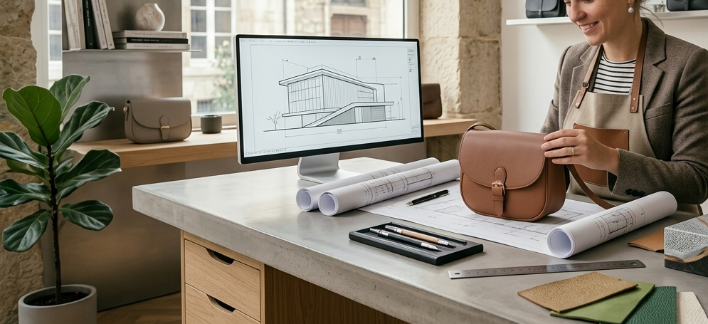 Gemini a dit Une designer sourit en examinant un sac à main en cuir sur son bureau, entourée de plans techniques et d'un écran affichant un modèle architectural 3D. L'image marie le design industriel et la maroquinerie, soulignant la précision structurelle nécessaire à la création d'accessoires de luxe. Des échantillons de matières et des outils de dessin complètent cet espace de travail moderne et créatif.