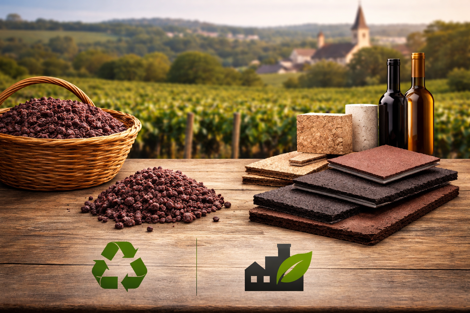 Sur une table en bois devant un vignoble ensoleillé, du marc de raisin brut est présenté aux côtés de matériaux de construction recyclés (plaques et blocs isolants). Deux bouteilles de vin rappellent l'origine de la ressource, tandis que des icônes de recyclage et d'usine écologique soulignent la démarche de valorisation industrielle.