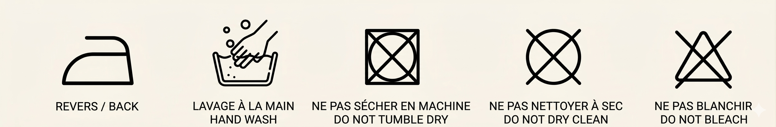 ne série de cinq icônes d'entretien du textile avec légendes en français et anglais. De gauche à droite : un fer à repasser (Revers / Back), une main dans une bassine (Lavage à la main / Hand wash), et trois symboles barrés d'une croix : un carré (Ne pas sécher en machine / Do not tumble dry), un cercle (Ne pas nettoyer à sec / Do not dry clean) et un triangle (Ne pas blanchir / Do not bleach).