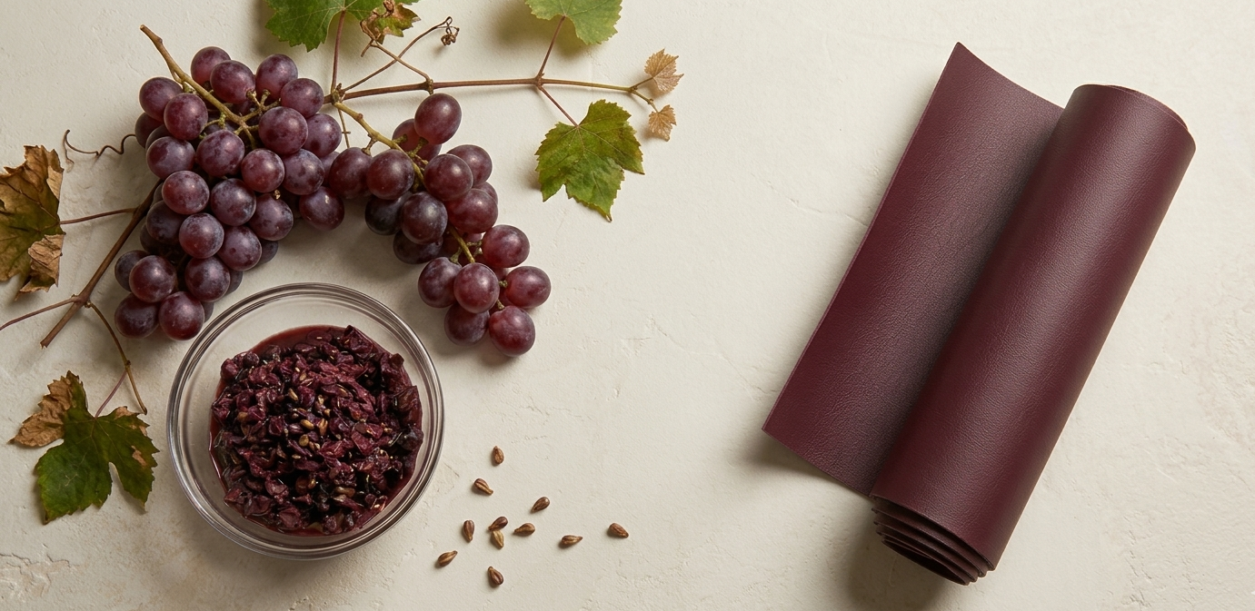 Une vue de dessus montrant le processus de transformation du raisin en cuir végétal. À gauche, des grappes de raisins rouges avec leurs feuilles, un bol contenant de la pulpe de raisin broyée et quelques pépins épars. À droite, un rouleau de matériau souple et lisse d'une couleur bordeaux profond, illustrant le produit fini en cuir de raisin.