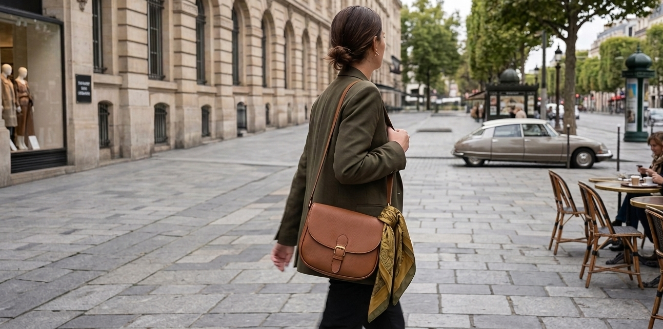 Une femme de dos marchant dans une rue pavée de style parisien, bordée de bâtiments classiques. Elle porte un blazer olive et un sac à bandoulière en cuir de raisin marron, orné d'un foulard en soie jaune noué à la lanière. Une voiture ancienne est visible en arrière-plan.