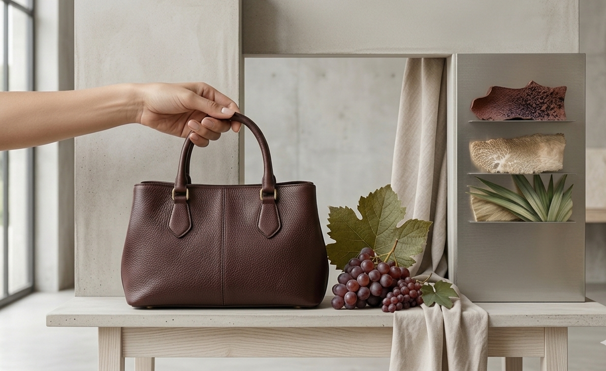 Gemini a dit Dans un décor épuré, une main tient un sac à main bordeaux posé sur une table en pierre à côté d'une grappe de raisins. L'image illustre le concept de cuir de raisin en montrant le produit fini à côté de sa source naturelle. À droite, un présentoir expose des échantillons de matières brutes et fibreuses, soulignant le processus de transformation durable.