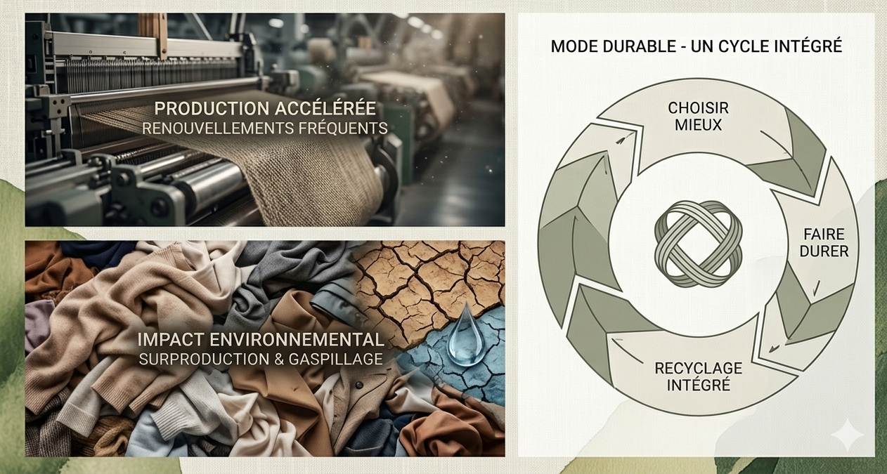 Gemini a dit Cette infographie oppose les dérives de l'industrie textile actuelle à un modèle de mode durable. À gauche, elle illustre la surproduction industrielle et son impact écologique (gaspillage, sécheresse), tandis qu'à droite, un schéma circulaire présente un cycle intégré basé sur trois piliers : choisir mieux, faire durer et recycler.