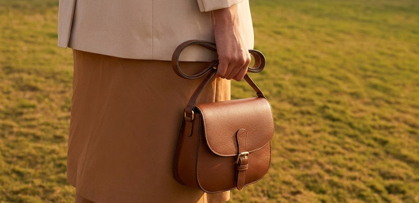 Plan rapproché d'une personne tenant un sac à main marron à boucle dorée devant un champ d'herbe dorée par le soleil. Le sac présente un grain de cuir visible et une lanière enroulée.