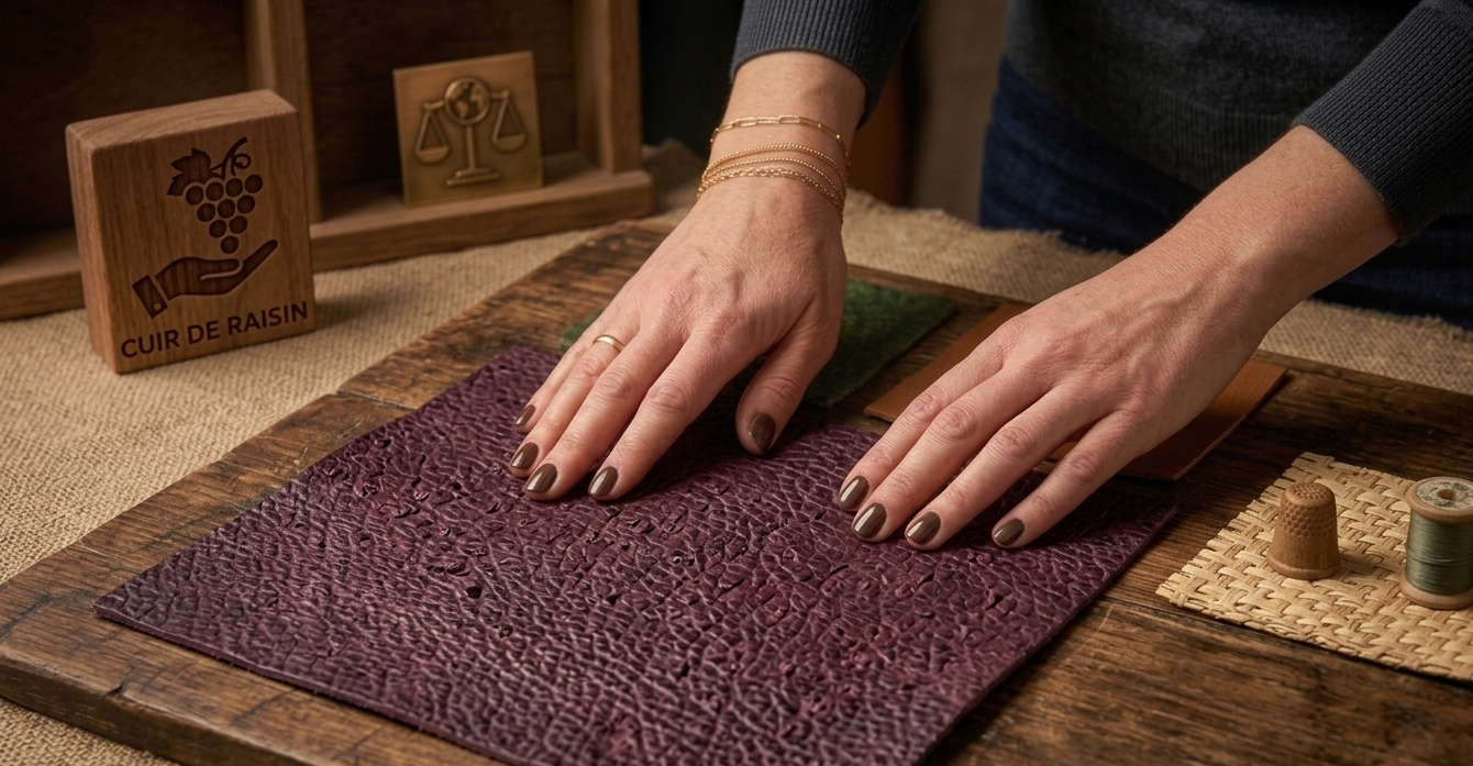 Gros plan sur les mains d'une artisane touchant un échantillon de cuir de raisin texturé de couleur bordeaux. En arrière-plan, un bloc de bois gravé avec un logo représentant une main tenant une grappe de raisin et l'inscription « Cuir de Raisin ».
