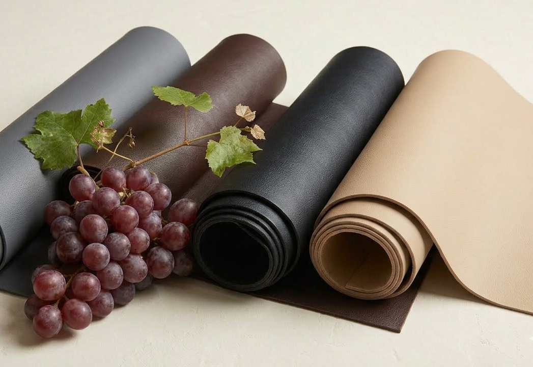 Quatre rouleaux de cuir végétal de raisin dans des teintes neutres (gris, chocolat, noir et crème) sont disposés sur une surface claire. Une grappe de raisins rouges avec sa tige et quelques feuilles vertes est posée au premier plan contre les rouleaux.