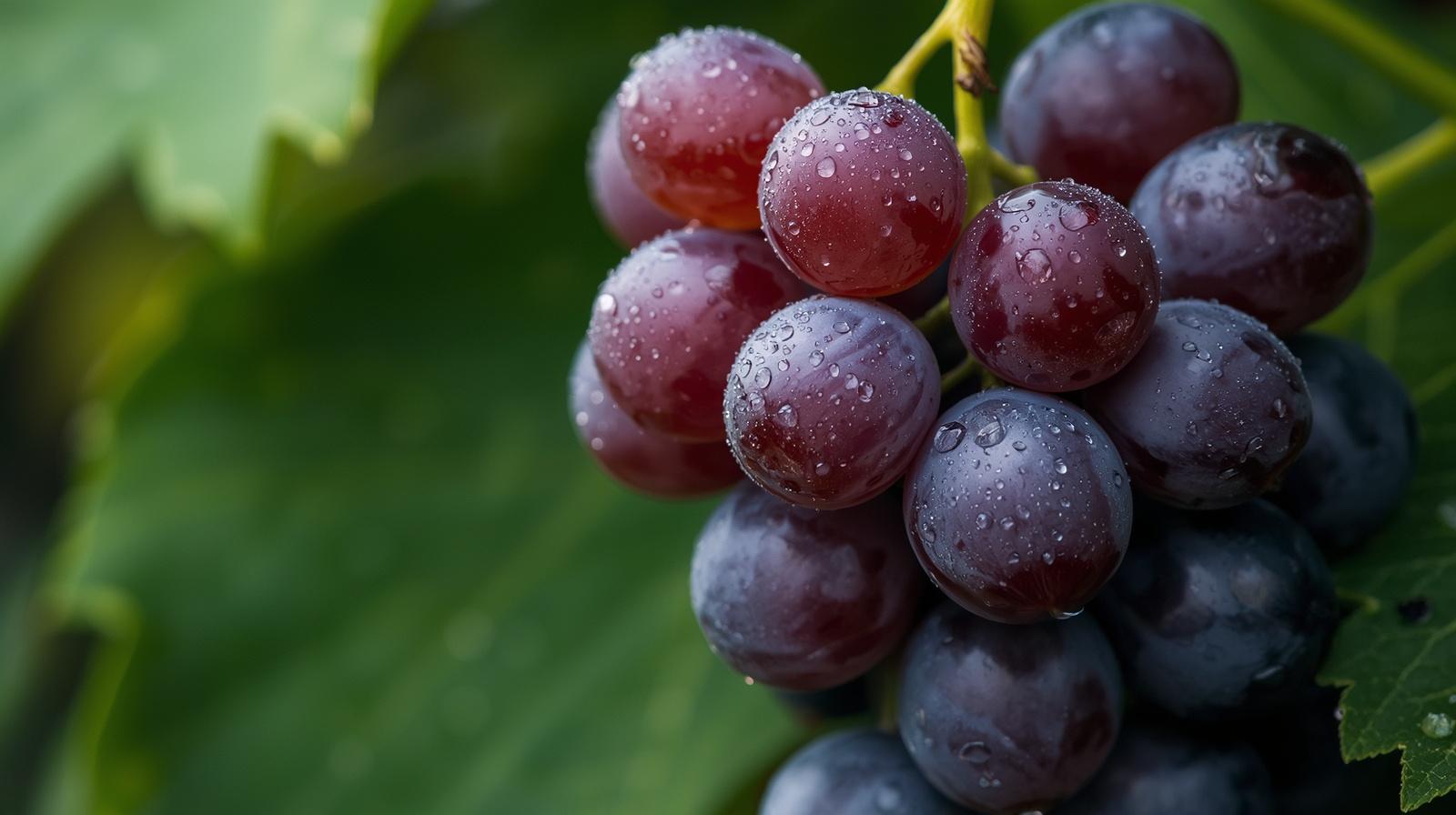 Gros plan détaillé sur une grappe de raisins rouges bien mûrs, recouverts de fines gouttelettes d'eau fraîches. L'arrière-plan montre des feuilles de vigne vertes floues, accentuant la texture brillante et juteuse du fruit.