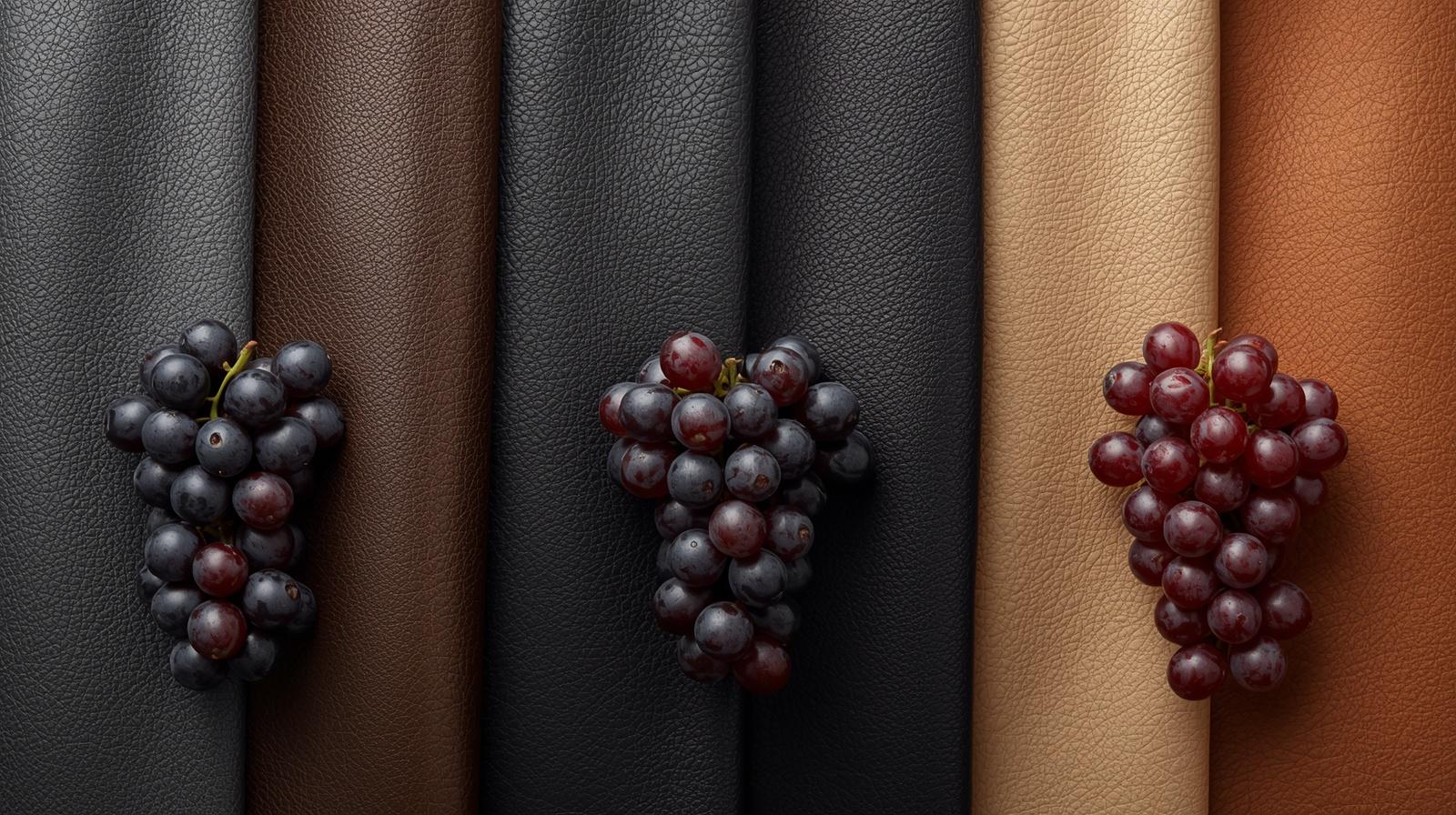 Une vue de dessus présentant trois types de cuir végétal de différentes couleurs (noir, beige et marron chaud) alignés verticalement. Sur chaque bande de cuir repose une petite grappe de raisins rouges, créant un lien direct entre la matière première et le textile fini.