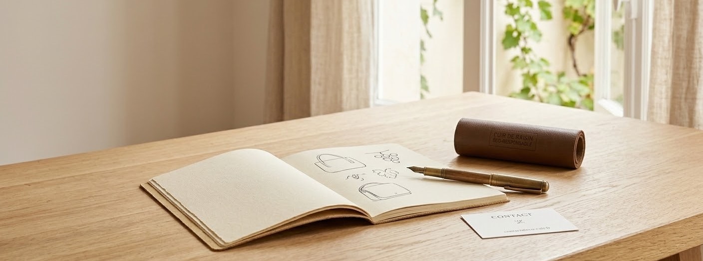 Un carnet de croquis ouvert sur une table en bois clair, montrant des dessins de sacs à main et de grappes de raisins. À côté, on trouve un stylo plume en laiton, une carte de visite et un petit rouleau de cuir marron marqué de l'inscription « Cuir de Raisin Éco-responsable ».
